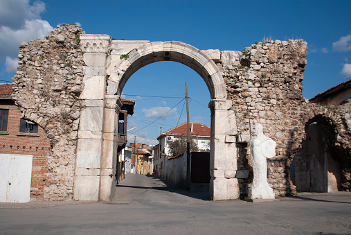 Ancient roman stone town gate in Milas, Turkey