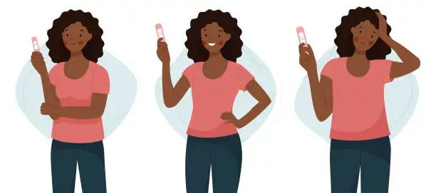 Vector illustration of Two scenes with a happy and unhappy african woman holding a pregnancy test. Positive and negative pregnancy test. Motherhood. Vector flat illustration.