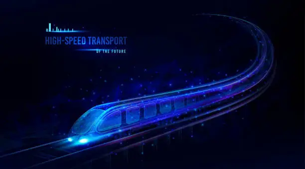 Vector illustration of Speed train motion. Digital future railway. Futuristic fast city transport. 3D metro wireframe locomotive with carriages. Low poly. Rail transportation concept. Vector exact background