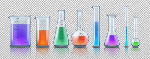 Vector illustration of Lab beaker set. Laboratory glass bottles with colorful liquid, chemistry equipment, science glass flask, chemical test container and tube. Scientific equipment vector isolated exact tools