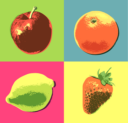 Posterised or Pop Art styled Fruit, Apple, orange, strawberry, raspberry, lemon, peach,