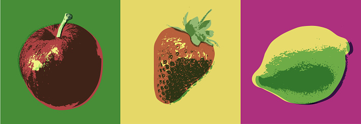 Posterised or Pop Art styled Fruit, Apple, orange, strawberry, raspberry, lemon, peach,