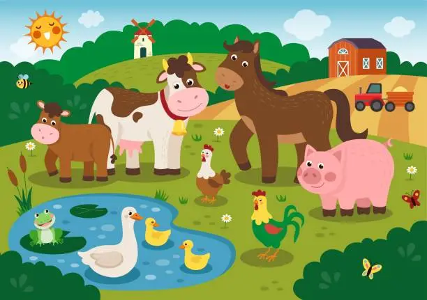 Vector illustration of Farm animals. Pond duck. Flying butterfly and honeybee. Domestic cow or lamb. Chicken in meadow. Frog and pig. Field tractor. Pony on ranch. Countryside tidy landscape. Vector rural scene