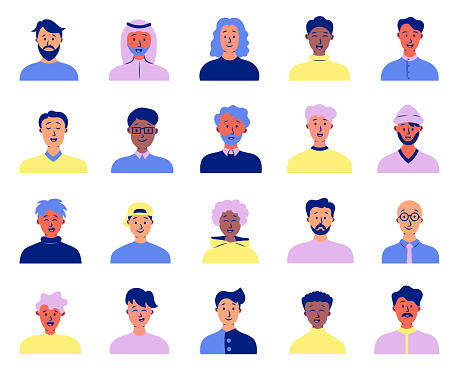 Men avatars. Portrait of casual male with different hairstyles and outfits. User profiles. Hand drawn style. Vector drawing. Collection of design elements.