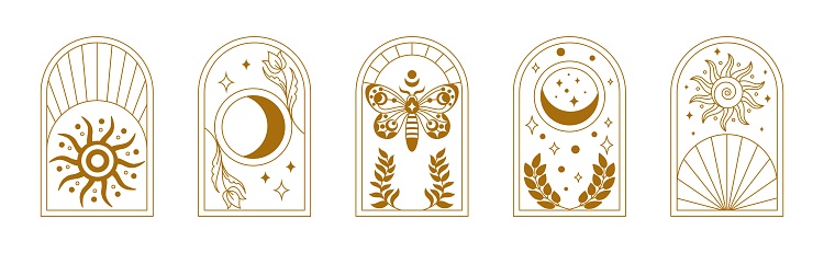 Esoteric frames. Flower arch, celestial magic gold moth and mystic pattern, boho floral gate, vintage moon. Golden line elegant elements for decor. Bohemian minimal graphic. Vector tidy design set