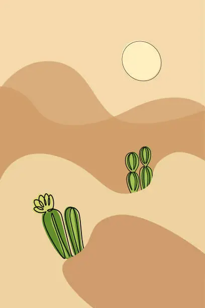 Vector illustration of Cactus background. Simple sandy hills landscape with cacti flowers, bright sun and hills. Desert natural mountain. Green line succulents. Minimalistic scenery. Vector illustration