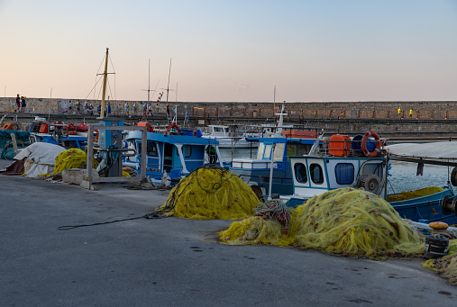 Heraklion, Crete, Greece - October 1, 2023: A picture of fishing boats in Heraklion.