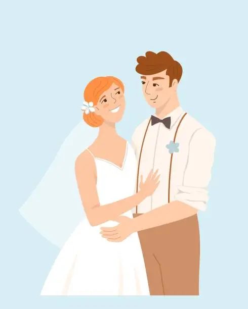 Vector illustration of Happy bride and groom in white dress and veil hug each other and smile. Newlyweds man and woman at wedding ceremony in boho style.