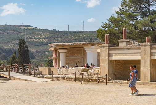 Knossos, Crete, Greece - October 2, 2023: A picture of the Central Court at the Knossos Palace.