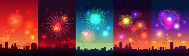 Vector illustration of set holiday fireworks festival celebration greeting invitation postcard culture and tradition carnival party concept