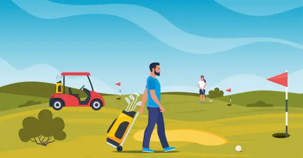 Vector illustration of Man playing golf. Golfer with golf club on green grass, bag with professional equipment and driving cart, sport game outdoor concept. Summer hobby and recreation. Vector illustration.