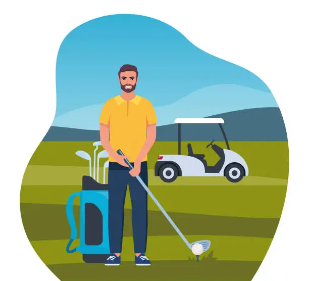 Vector illustration of Man playing golf. Golfer with golf club on green grass, bag with professional equipment and driving cart, sport game outdoor concept. Summer hobby and recreation. Vector illustration.