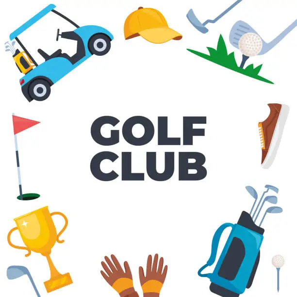 Vector illustration of Golf equipment set. Professional items to play the sport, clothing and accessories. Golf player, bag, putter, golfer, ball, hole, course, gloves, shirt, cup, car. Vector illustration.