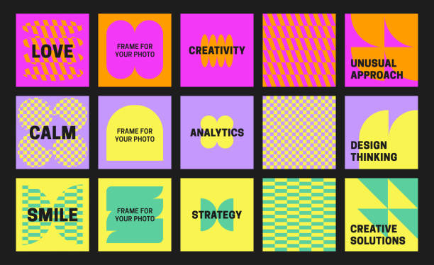 kuvapankkikuvitukset aiheesta muokattava neliöbanneripohja sosiaaliseen mediaan, lavastus. luova pakkaus leikkisillä muodoilla. joukko y2k-taustoja. uusbrutalismi. retrofuturismi, häiriö, abstraktit muodot, neon - eloisa väri