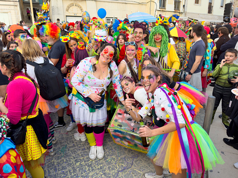 Parade of clown costumes at the street Carnival in Sesimbra, Portugal, on February 12, 2024