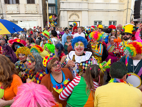 Parade of clown costumes at the street Carnival in Sesimbra, Portugal, on February 12, 2024