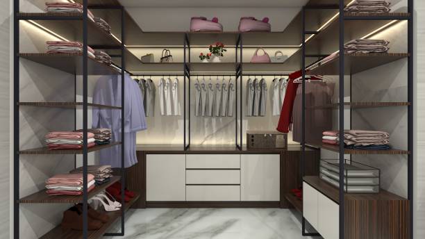 istock Modern Walk in Closet Design with Wooden Rack Display and Lighting Decoration 2013207161