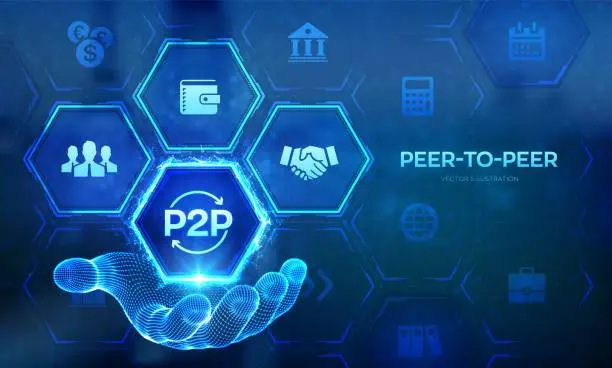 Vector illustration of Peer to peer logo in wireframe hand. P2P payment and online model for support or transfer money. Peer-To-Peer technology concept on virtual screen. Vector illustration.