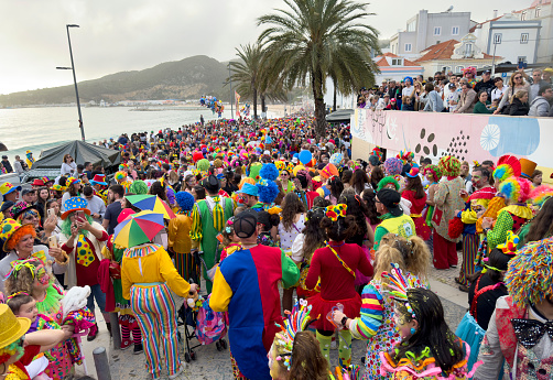 Parade of clown costumes at the street Carnival in Sesimbra, Portugal, on February 12, 2024