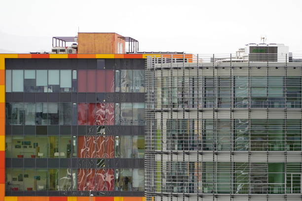 Modern glass facade of new architecture in Spain.