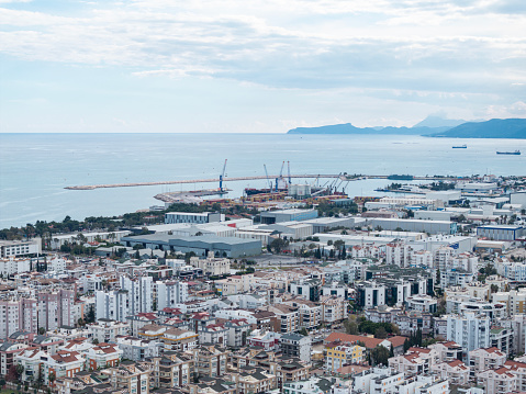 Aerial view of Antalya City and container port in Antalya, Turkey. Taken via drone.