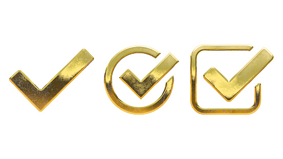 Check mark symbol Gold icon set cut out isolated on white background