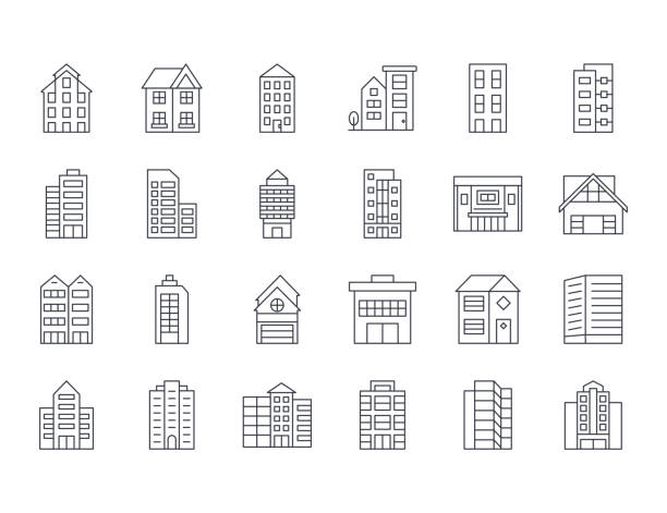 Vector icons of residential buildings. Set line symbols editable stroke. Multistorey buildings with doors and windows. Office space, duplexes and townhouses with garage. Stock illustration on a white Vector icons of residential buildings. Set line symbols editable stroke. Multi-storey buildings with doors and windows. Office space, duplexes and townhouses with garage. Stock illustration on white flat icons stock illustrations