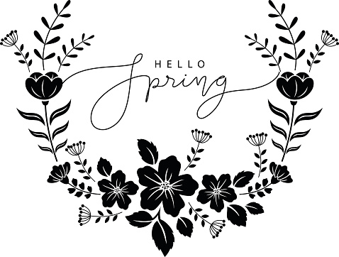 Hello spring lettering decorated with floral wreath, isolated black and white vector illustration