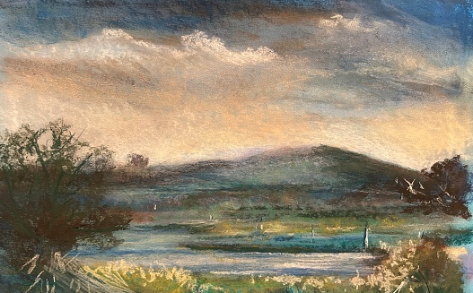 Original painting of a lake and hills with trees and bushes