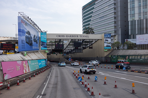 Hong Kong - February 15, 2024 : Entrance to the Cross-Harbour Tunnel in Hung Hom, Kowloon, Hong Kong. The Cross-Harbour Tunnel is the first tunnel in Hong Kong built underwater.