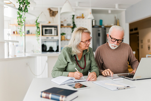 Senior couple using laptop while planning their home budget,
Happy senior couple going through home finances and using computer at home.