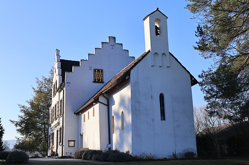Januar 31, 2024, Eschenz: View of Werd Monastery on the island of Werd in the Rhine