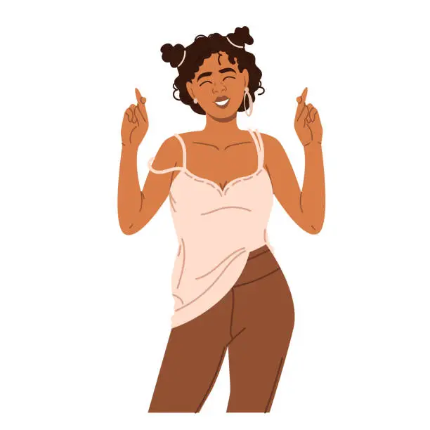 Vector illustration of A happy smiling African American woman with her eyes closed and fingers crossed on her hands