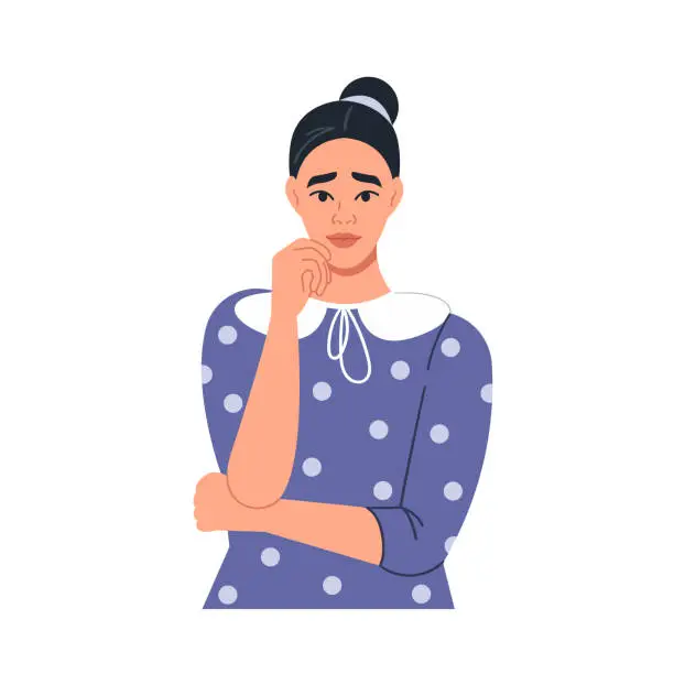 Vector illustration of A thoughtful businesswoman rests her chin on her hand. The concept of choice