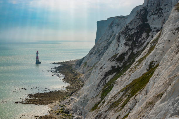 Red and white lighthouse viewed from above