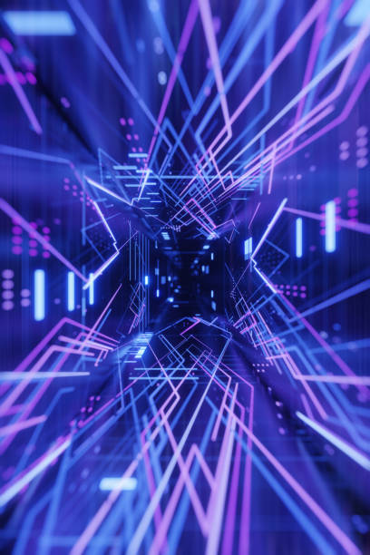 istock Data Streaming concept. Digital tunnel made with an abstract particles, neon coloured 2013322255