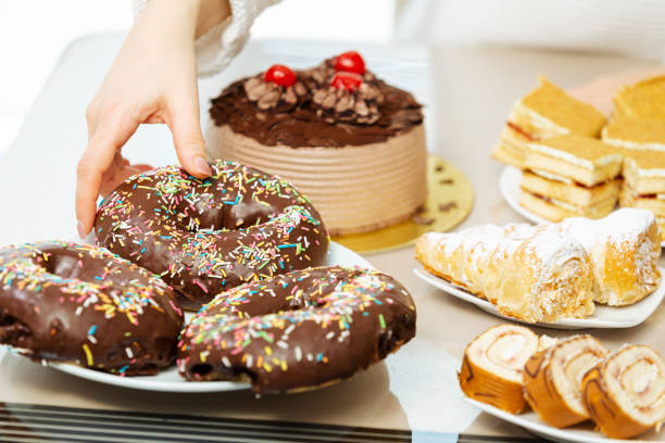 Variation of pastry products and donuts with chocolate stock photo