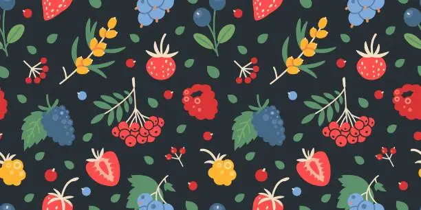 Vector illustration of Seamless pattern berries like raspberry, strawberry, rowan, cloudberry, currant and blueberry, cartoon style. Trendy modern vector illustration on dark background, hand drawn, flat design