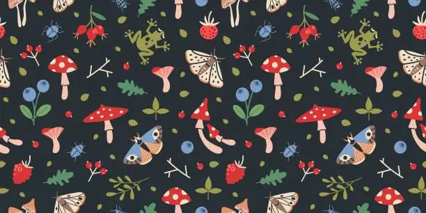 Vector illustration of Forest flora and insects seamless pattern on a dark background, cartoon style. Various plants, wild berries, moth and butterflies. Goblincore aesthetics. Trendy vector illustration, hand drawn, flat