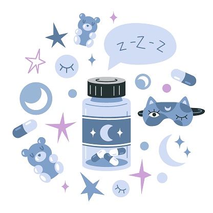 A jar of Melatonin or sleeping pills and things to help you fall asleep quickly. Healthy sleep, treatment of insomnia, circadian rhythms, rest and recovery. Isolated cartoon vector illustration, flat.