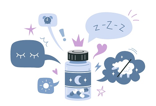 Melatonin, sleeping pills benefits, jar of tablets and speech bubble. Healthy sleep, treatment of insomnia, restoration of circadian rhythms, rest and recovery. Isolated cartoon vector illustration.