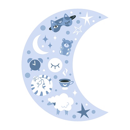 Crescent moon, stars and things to help you fall asleep quickly. Healthy sleep, treatment of insomnia, circadian rhythms, rest and recovery concept.  Isolated cartoon vector illustration, flat design.