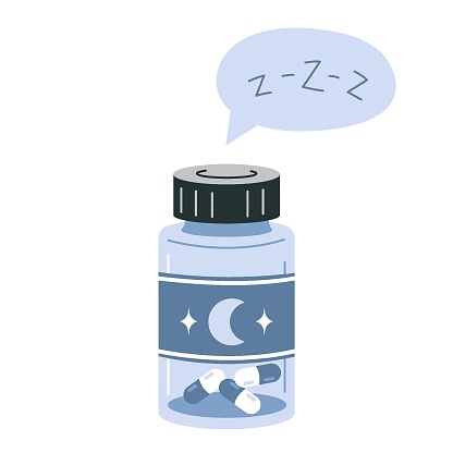 A jar of Melatonin or sleeping pills. Healthy sleep, treatment of insomnia, circadian rhythms, rest and recovery. Isolated cartoon vector illustration, flat.