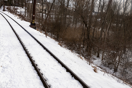 Train track covered with snow in Chalfont, Pa. USA