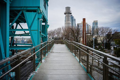 Williamsburg City Architectural Landscape over the boardwalk at Grand Ferry Park in Brooklyn, New york, USA