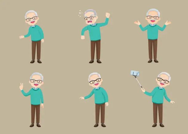 Vector illustration of old age pensioner, lonely grandparant. Elderly different views