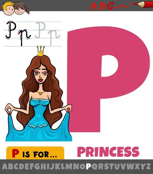 Vector illustration of letter P from alphabet with cartoon princess character