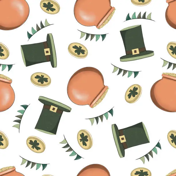 Vector illustration of Saint Patrick's day seamless pattern. leprechaun hat and golden coin