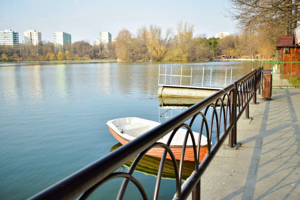 Rowboat with oars left on the shore of a lake during the summer holiday season, with sunlight. Holidays activities. This is a great way to spend your holidays actively at the lake.