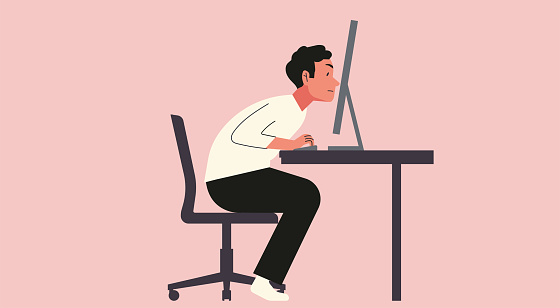 Businessman Sitting at Computer Desk in Busy Office, Focused on Work, Office Syndrome Concept, Vector Flat Design Illustration